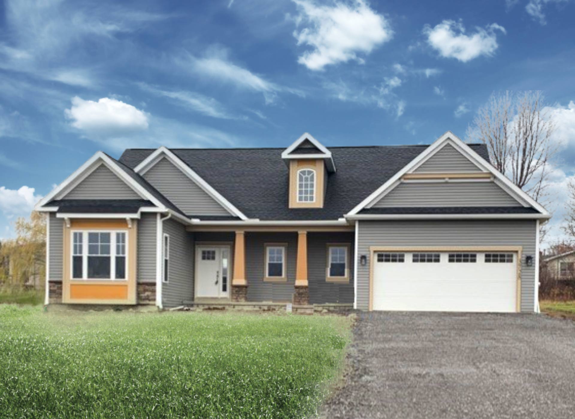 Finished Gerber home at Fox Ridge in Canandaigua with a planted front bed and mown lawn
