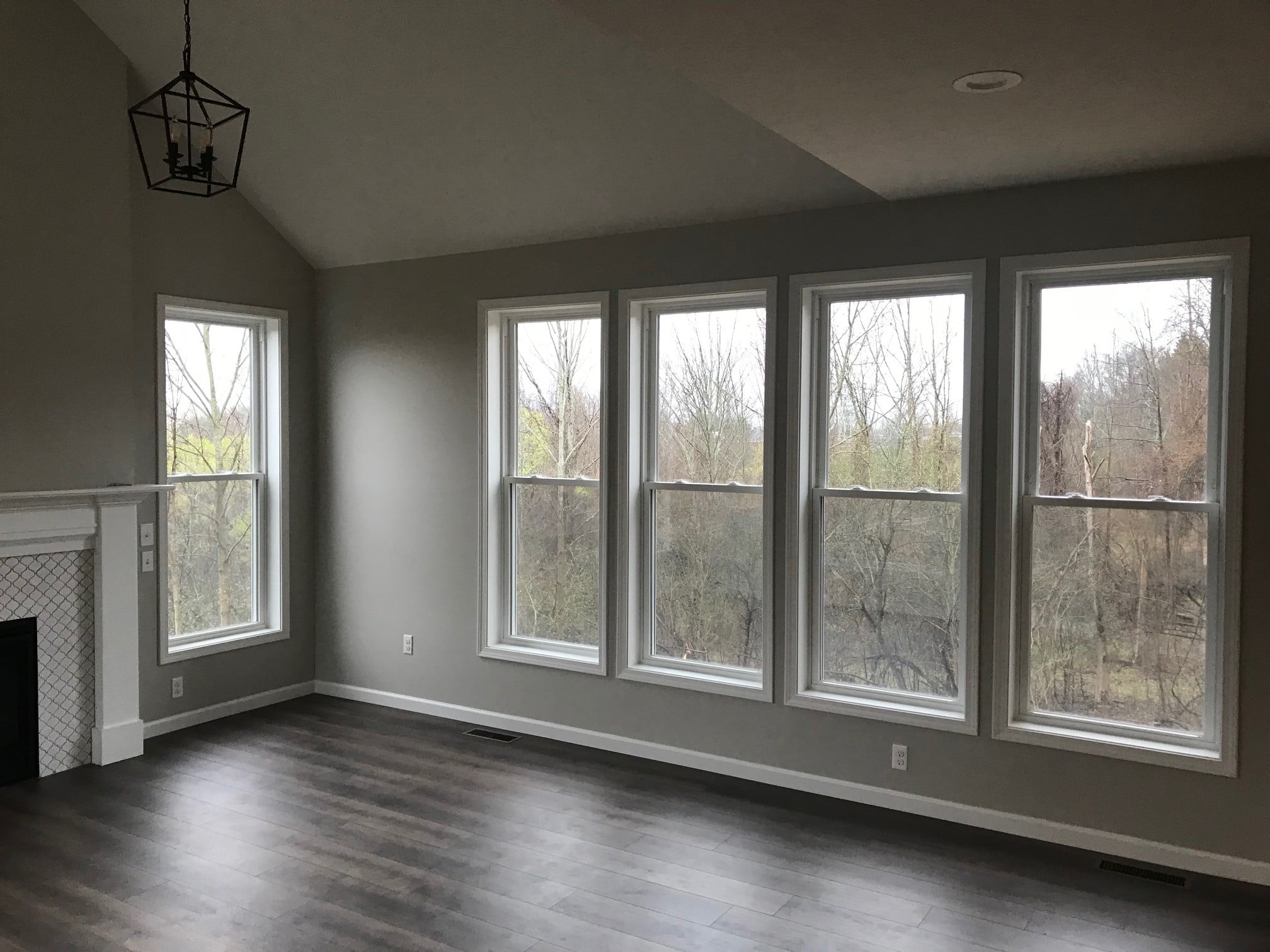 Great room with a full wall of windows and wide-plank floors